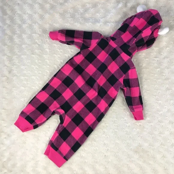 Carter’s Fleece Hooded Romper Size 3 Months Pink Black Buffalo Plaid Heart - Picture 4 of 4
